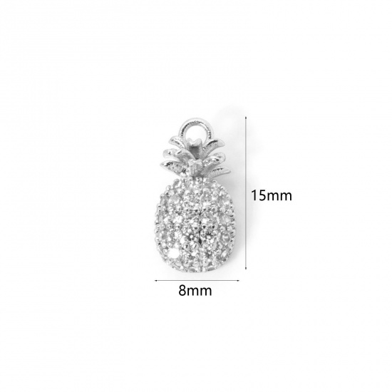 Изображение 1 Piece Brass Charms Platinum Plated Pineapple/ Ananas Fruit Cubic Zirconia 15mm x 8mm