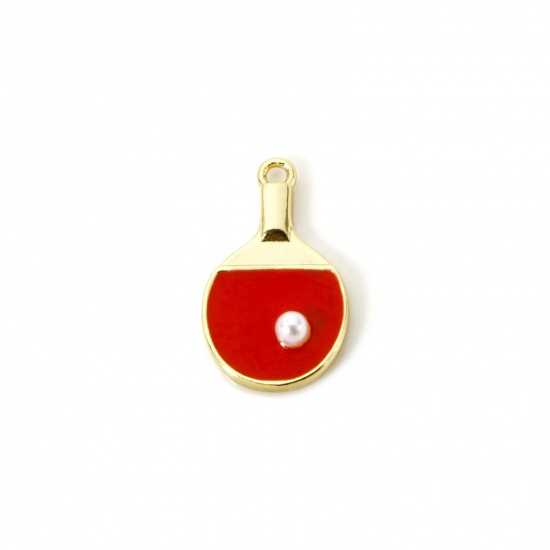 Изображение 1 Piece Brass Charms 18K Gold Plated Red Table Tennis Paddle Bat Enamel 18mm x 11mm