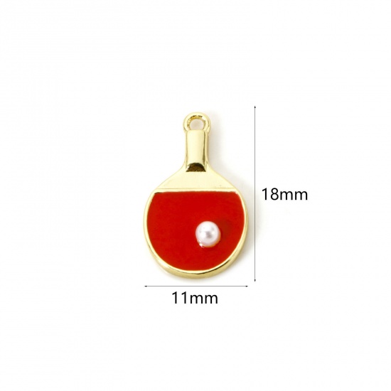 Изображение 1 Piece Brass Charms 18K Gold Plated Red Table Tennis Paddle Bat Enamel 18mm x 11mm