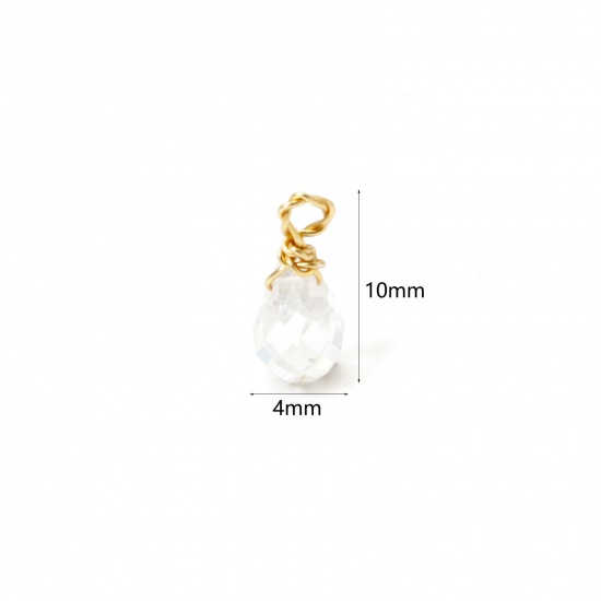 Picture of 2 PCs Eco-friendly PVD Vacuum Plating 304 Stainless Steel Mini Charms Gold Plated Transparent Clear Drop Faceted 10mm x 4mm