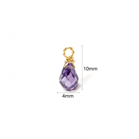 Picture of 2 PCs Eco-friendly PVD Vacuum Plating 304 Stainless Steel Mini Charms Gold Plated Purple Drop Faceted 10mm x 4mm