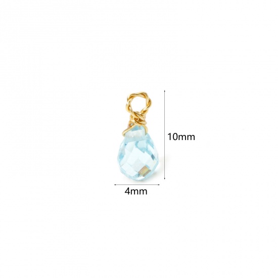 Picture of 2 PCs Eco-friendly PVD Vacuum Plating 304 Stainless Steel Mini Charms Gold Plated Light Blue Drop Faceted 10mm x 4mm