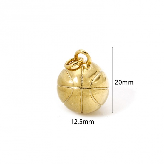 Picture of 1 Piece Eco-friendly PVD Vacuum Plating 304 Stainless Steel Sport Charms 18K Real Gold Plated Basketball 3D 20mm x 12.5mm