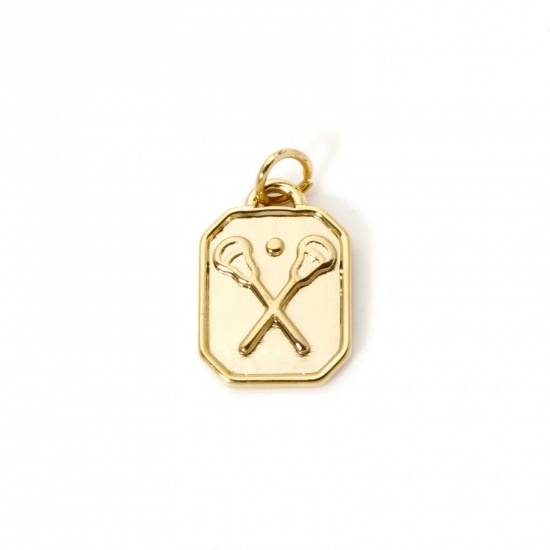 Picture of 1 Piece Eco-friendly PVD Vacuum Plating 304 Stainless Steel Sport Charms 18K Real Gold Plated Hockey Rectangle 3D 19mm x 11mm