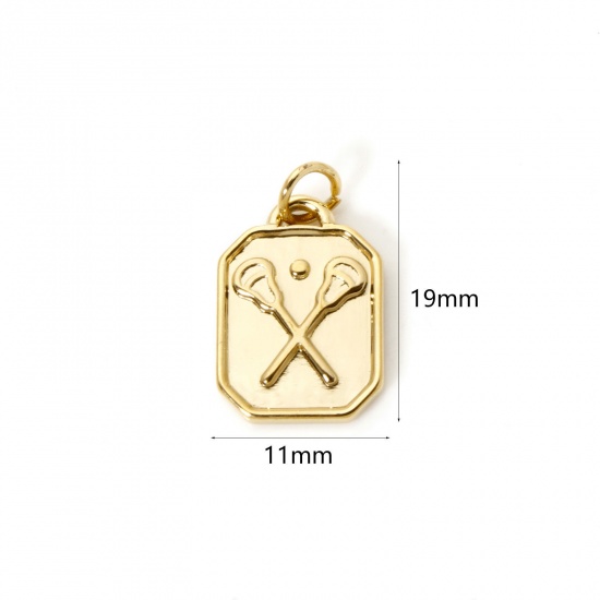 Picture of 1 Piece Eco-friendly PVD Vacuum Plating 304 Stainless Steel Sport Charms 18K Real Gold Plated Hockey Rectangle 3D 19mm x 11mm