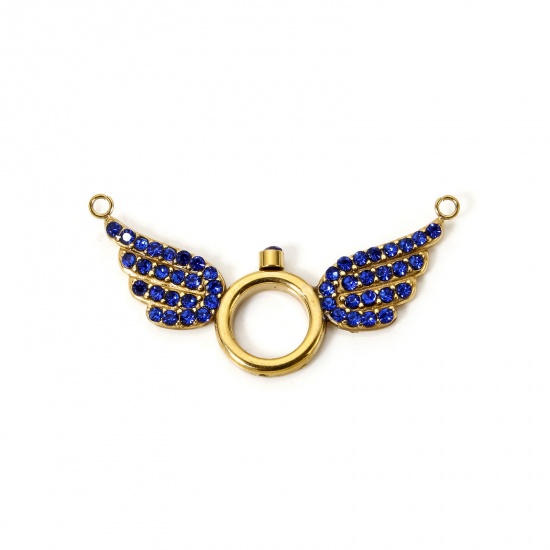 Bild von 1 Stück Umweltfreundliche Vakuumbeschichtung 304 Edelstahl Steckverbinder Charms Anhänger Flügel 18K Vergoldet Micro Pave Saphirblau Strass 3.6cm x 1.8cm