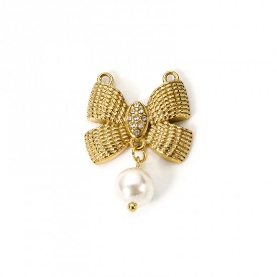 Imagen de 1 Unidad Recubrimiento al Vacío PVD Ecológico 304 Acero Inoxidable Ropa Conectores Dijes Colgantes Bowknot Chapado en Oro de 18K Acrílico Imitación de Perla Transparente Rhinestone 29mm x 21mm