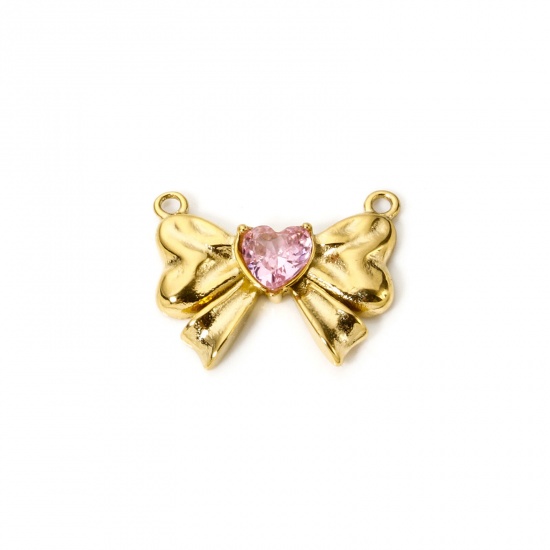 Imagen de 1 Unidad Recubrimiento al Vacío PVD Ecológico 304 Acero Inoxidable & Circón Artificial Ropa Conectores Dijes Colgantes Bowknot Chapado en Oro de 18K Rosado 22mm x 17mm