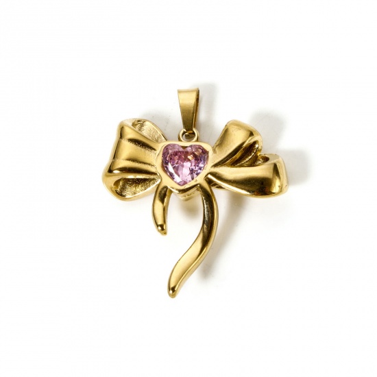 Imagen de 1 Unidad Recubrimiento al Vacío PVD Ecológico 304 Acero Inoxidable & Circón Artificial Ropa Colgantes Bowknot Chapado en Oro de 18K Rosado 3cm x 2.5cm