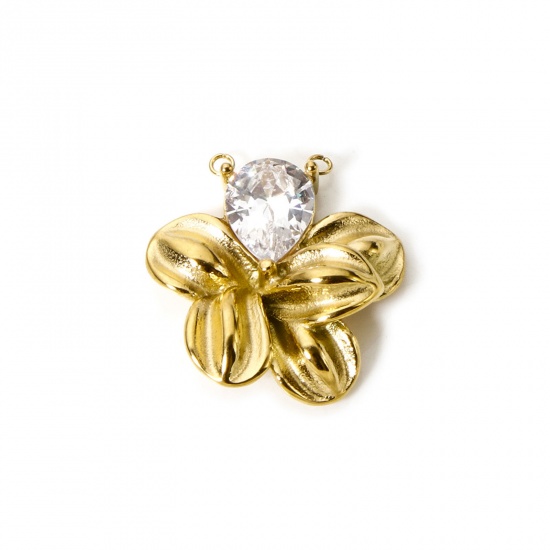 Imagen de 1 Unidad Recubrimiento al Vacío PVD Ecológico 304 Acero Inoxidable & Circón Artificial Colección Flora Conectores Dijes Colgantes Chapado en Oro de 18K Transparente Flor 24mm x 23mm
