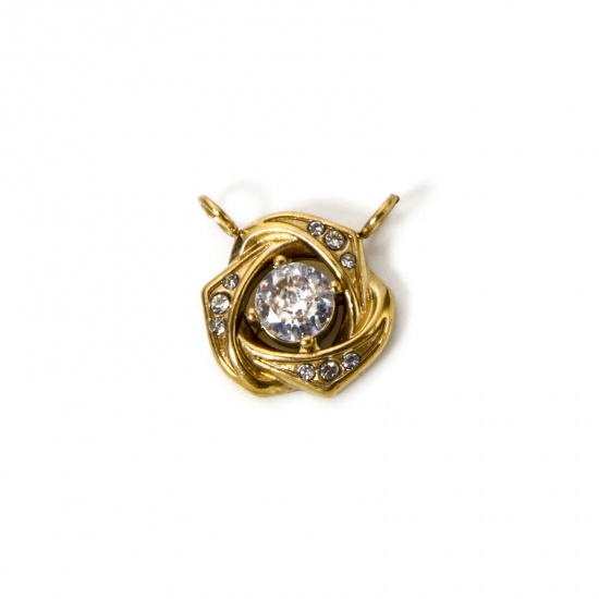 Imagen de 1 Unidad Enchapado al Vacío Ecológico 304 Acero Inoxidable Colección Flora Conectores Dijes Colgantes Rosa Chapado en Oro de 18K Micro Pave Transparente Rhinestone 14mm x 13mm