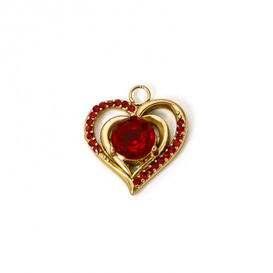 Picture of 1 Piece Eco-friendly Vacuum Plating 304 Stainless Steel Valentine's Day Charms 18K Gold Plated Heart Red Rhinestone 19mm x 17mm