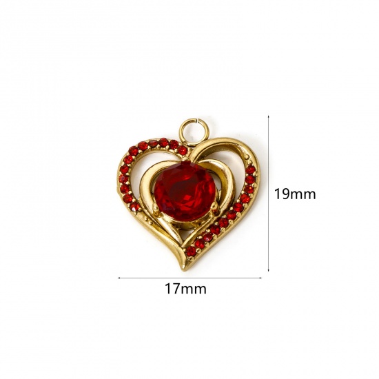 Picture of 1 Piece Eco-friendly Vacuum Plating 304 Stainless Steel Valentine's Day Charms 18K Gold Plated Heart Red Rhinestone 19mm x 17mm