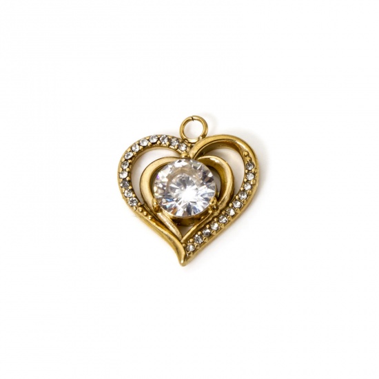 Picture of 1 Piece Eco-friendly Vacuum Plating 304 Stainless Steel Valentine's Day Charms 18K Gold Plated Heart Clear Rhinestone 19mm x 17mm