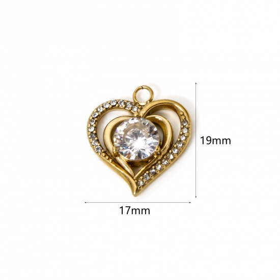 Picture of 1 Piece Eco-friendly Vacuum Plating 304 Stainless Steel Valentine's Day Charms 18K Gold Plated Heart Clear Rhinestone 19mm x 17mm