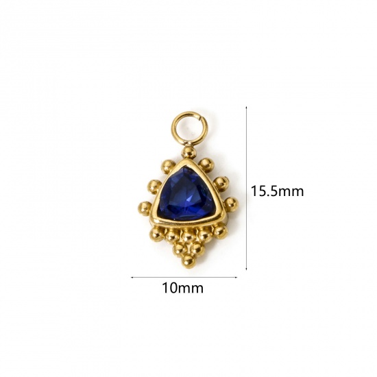 Picture of 1 Piece Eco-friendly Vacuum Plating 304 Stainless Steel Charms 18K Gold Plated Triangle Dark Blue Rhinestone 15.5mm x 10mm