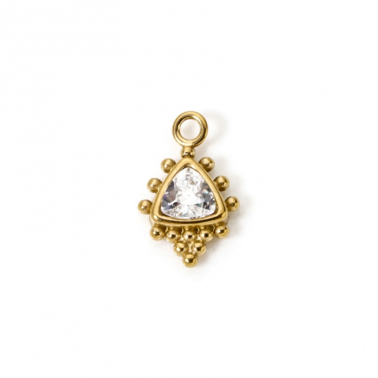 Picture of 1 Piece Eco-friendly Vacuum Plating 304 Stainless Steel Charms 18K Gold Plated Triangle Clear Rhinestone 15.5mm x 10mm