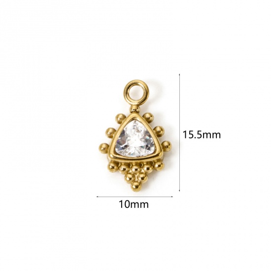 Picture of 1 Piece Eco-friendly Vacuum Plating 304 Stainless Steel Charms 18K Gold Plated Triangle Clear Rhinestone 15.5mm x 10mm