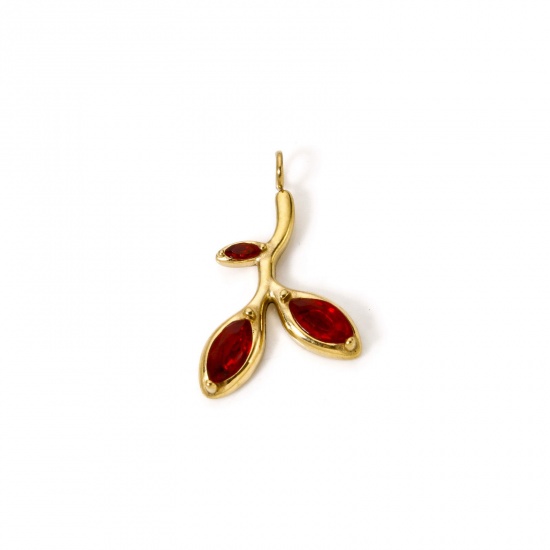 Picture of 1 Piece Eco-friendly Vacuum Plating 304 Stainless Steel Charms 18K Gold Plated Leaf Red Rhinestone 19mm x 14mm