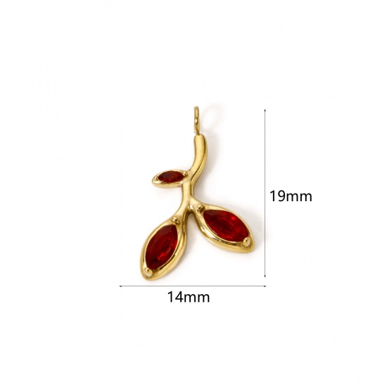 Picture of 1 Piece Eco-friendly Vacuum Plating 304 Stainless Steel Charms 18K Gold Plated Leaf Red Rhinestone 19mm x 14mm