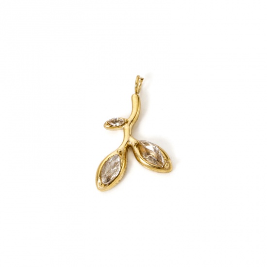 Picture of 1 Piece Eco-friendly Vacuum Plating 304 Stainless Steel Charms 18K Gold Plated Leaf Clear Rhinestone 19mm x 14mm