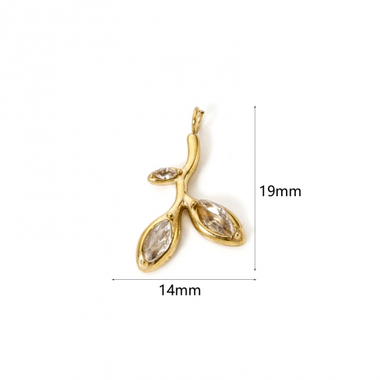 Picture of 1 Piece Eco-friendly Vacuum Plating 304 Stainless Steel Charms 18K Gold Plated Leaf Clear Rhinestone 19mm x 14mm