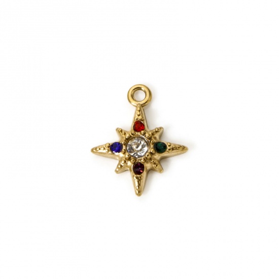 Picture of 1 Piece Eco-friendly Vacuum Plating 304 Stainless Steel Galaxy Charms 18K Gold Plated Star Multicolor Rhinestone 14mm x 12mm