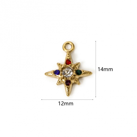 Picture of 1 Piece Eco-friendly Vacuum Plating 304 Stainless Steel Galaxy Charms 18K Gold Plated Star Multicolor Rhinestone 14mm x 12mm