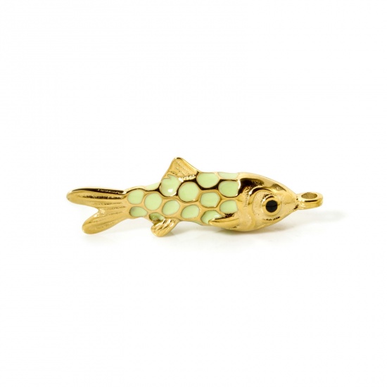 Picture of 1 Piece Eco-friendly PVD Vacuum Plating 304 Stainless Steel Ocean Jewelry Pendants 14K Real Gold Plated Light Green Enamel Fish Animal 37mm x 12mm