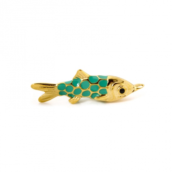 Picture of 1 Piece Eco-friendly PVD Vacuum Plating 304 Stainless Steel Ocean Jewelry Pendants 14K Real Gold Plated Green Enamel Fish Animal 37mm x 12mm