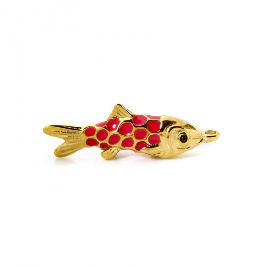 Picture of 1 Piece Eco-friendly PVD Vacuum Plating 304 Stainless Steel Ocean Jewelry Pendants 14K Real Gold Plated Fuchsia Enamel Fish Animal 37mm x 12mm