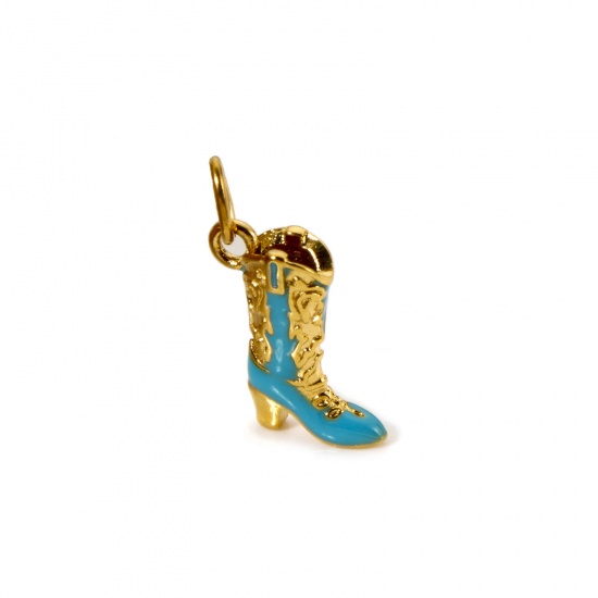 Imagen de 1 Unidad Recubrimiento al Vacío PVD Ecológico 304 Acero Inoxidable Vaquero del Oeste Colgantes Bota 14K Oro Real Chapado Lago Azul (Apta Esmalte 23mm x 15mm