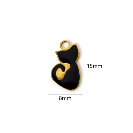 2 個 真空メッキ ペット シルエット チャーム 猫 18Kゴールドメッキ 黒 （ エナメル 15mm x 8mm、 の画像
