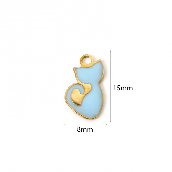 2 個 真空メッキ ペット シルエット チャーム 猫 18Kゴールドメッキ 青 （ エナメル 15mm x 8mm、 の画像