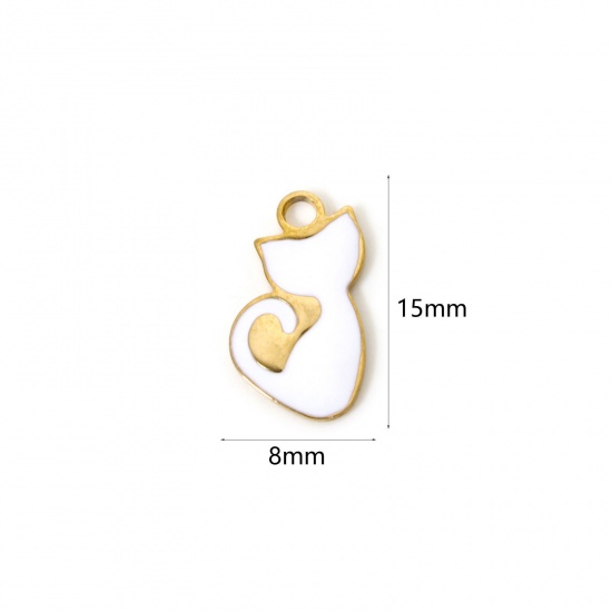 2 個 真空メッキ ペット シルエット チャーム 猫 18Kゴールドメッキ 白 （ エナメル 15mm x 8mm、 の画像