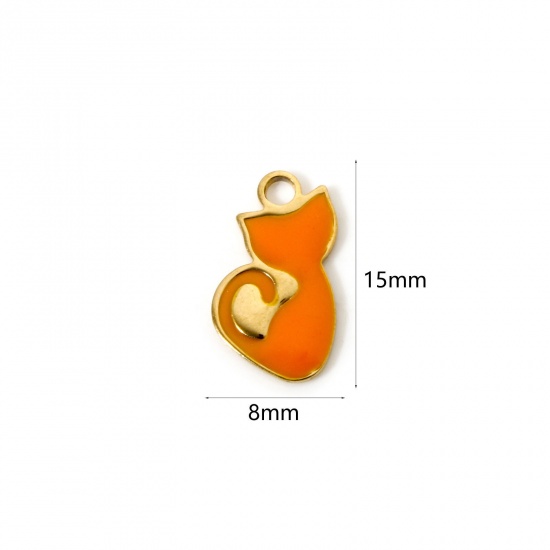 2 個 真空メッキ ペット シルエット チャーム 猫 18Kゴールドメッキ 橙赤色 （ エナメル 15mm x 8mm、 の画像
