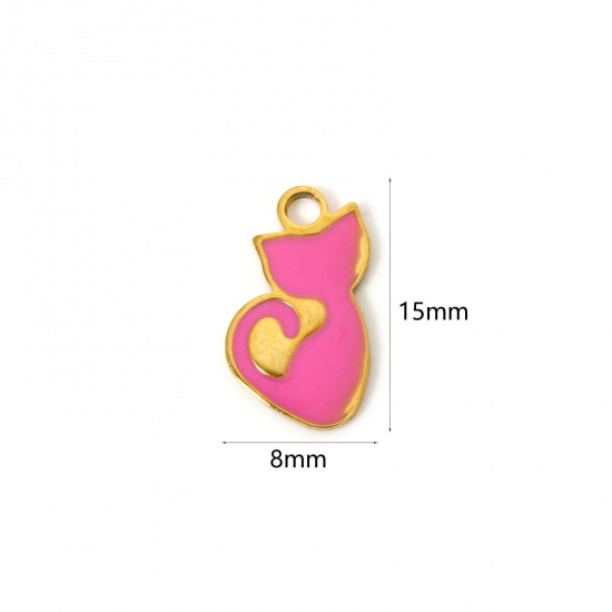 2 個 真空メッキ ペット シルエット チャーム 猫 18Kゴールドメッキ フクシア色 （ エナメル 15mm x 8mm、 の画像