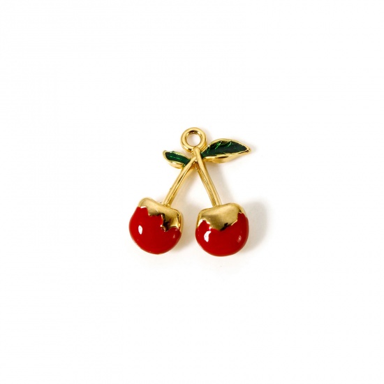 Imagen de 1 Unidad Enchapado al Vacío 304 Acero Inoxidable Colgantes Cereza Chapado en Oro de 18K Rojo (Apta Esmalte 18.5mm x 16mm