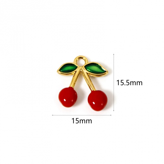 Imagen de 1 Unidad Enchapado al Vacío 304 Acero Inoxidable Colgantes Cereza Chapado en Oro de 18K Rojo (Apta Esmalte 15.5mm x 15mm
