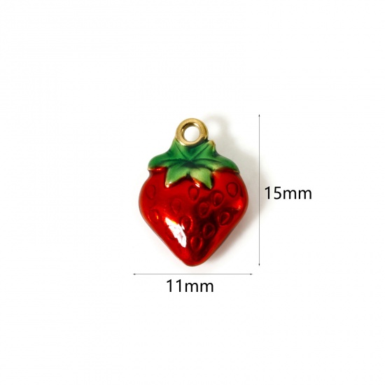 Imagen de 1 Unidad Enchapado al Vacío 304 Acero Inoxidable Colgantes Fresas Chapado en Oro de 18K Rojo (Apta Esmalte 15mm x 11mm