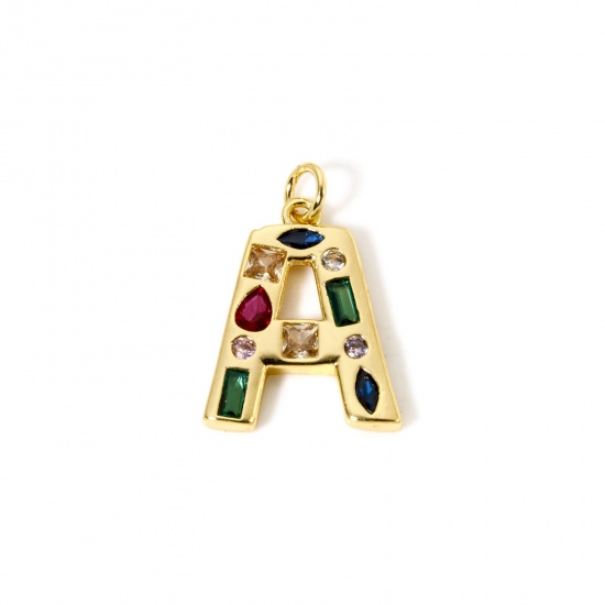 Picture of 2 PCs Eco-friendly Brass Charms 18K Real Gold Plated Capital Alphabet Initial Letter Message " A " Multicolor Rhinestone 23mm x 15.5mm