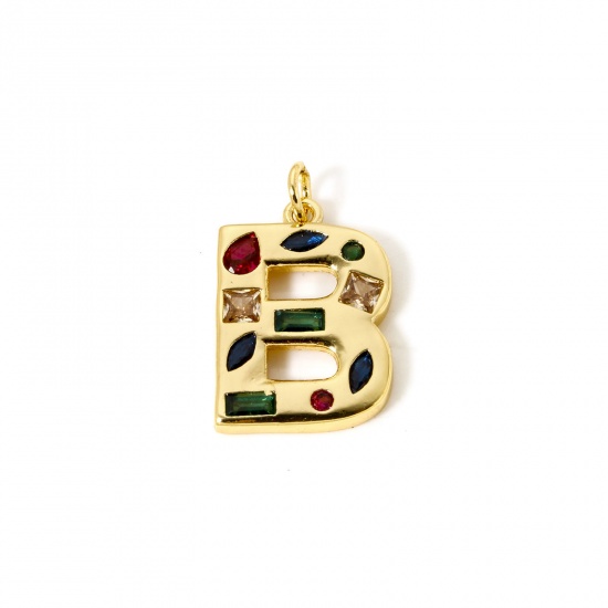 Picture of 2 PCs Eco-friendly Brass Charms 18K Real Gold Plated Capital Alphabet Initial Letter Message " B " Multicolor Rhinestone 24mm x 14mm