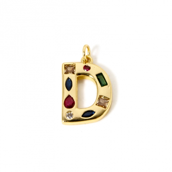 Picture of 2 PCs Eco-friendly Brass Charms 18K Real Gold Plated Capital Alphabet Initial Letter Message " D " Multicolor Rhinestone 22mm x 13mm