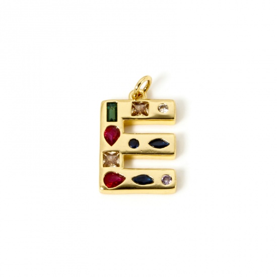 Picture of 2 PCs Eco-friendly Brass Charms 18K Real Gold Plated Capital Alphabet Initial Letter Message " E " Multicolor Rhinestone 23mm x 13.5mm