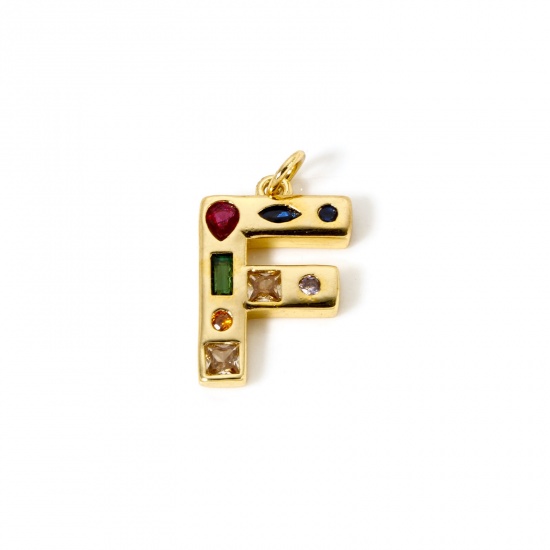 Picture of 2 PCs Eco-friendly Brass Charms 18K Real Gold Plated Capital Alphabet Initial Letter Message " D " Multicolor Rhinestone 23mm x 13mm
