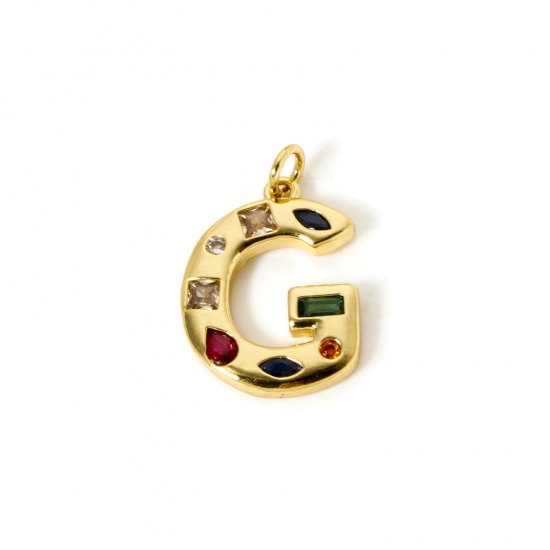 Picture of 2 PCs Eco-friendly Brass Charms 18K Real Gold Plated Capital Alphabet Initial Letter Message " G " Multicolor Rhinestone 24mm x 16mm