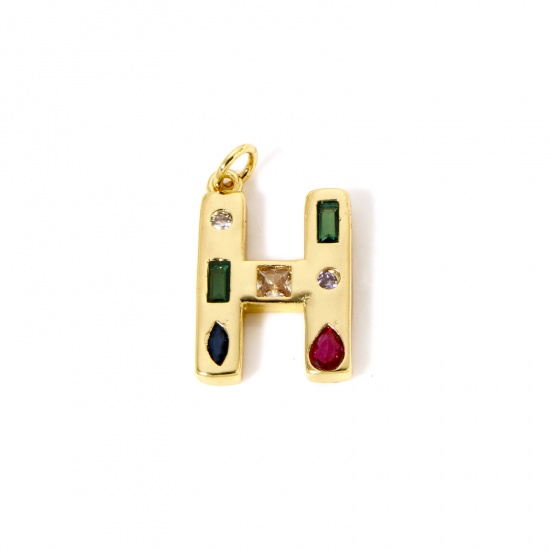Picture of 2 PCs Eco-friendly Brass Charms 18K Real Gold Plated Capital Alphabet Initial Letter Message " H " Multicolor Rhinestone 23mm x 13mm