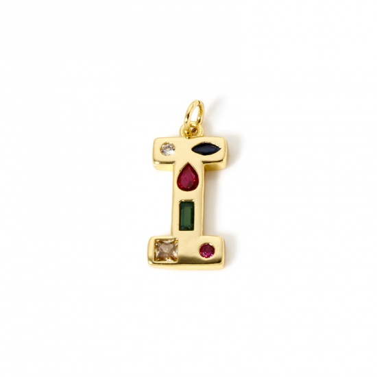 Picture of 2 PCs Eco-friendly Brass Charms 18K Real Gold Plated Capital Alphabet Initial Letter Message " I " Multicolor Rhinestone 23mm x 10mm