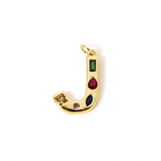 Picture of 2 PCs Eco-friendly Brass Charms 18K Real Gold Plated Capital Alphabet Initial Letter Message " J " Multicolor Rhinestone 24mm x 14mm