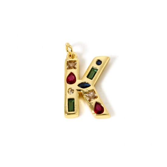 Picture of 2 PCs Eco-friendly Brass Charms 18K Real Gold Plated Capital Alphabet Initial Letter Message " K " Multicolor Rhinestone 24mm x 13mm